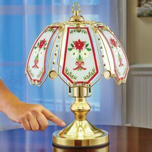 VINTAGE POINSETTIA & RIBBONS HOLLY GARLAND GLASS PANEL TOUCH LAMP NIB